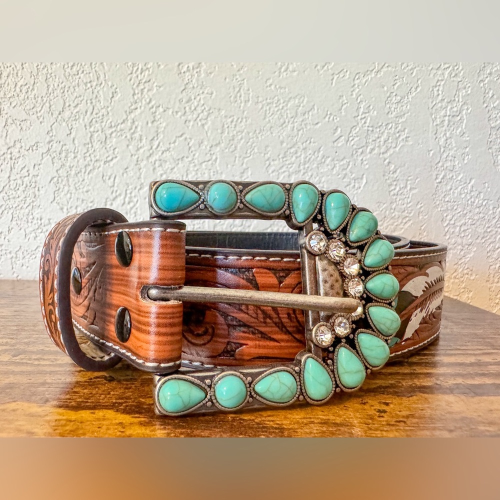 Western Faux Leather & Turquoise Tooled Belt with
Buckle